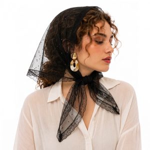 روسری کوچک (مینی اسکارف) توری مشکی با لبه دانتل و تزئینات نگینی